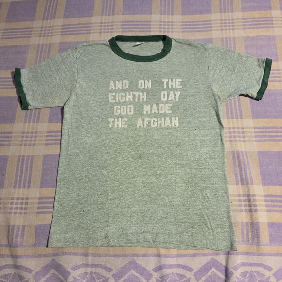 Vintage 70s T Shirt Eighth Day God Made The Afghan Ringer Starwyn Kennel